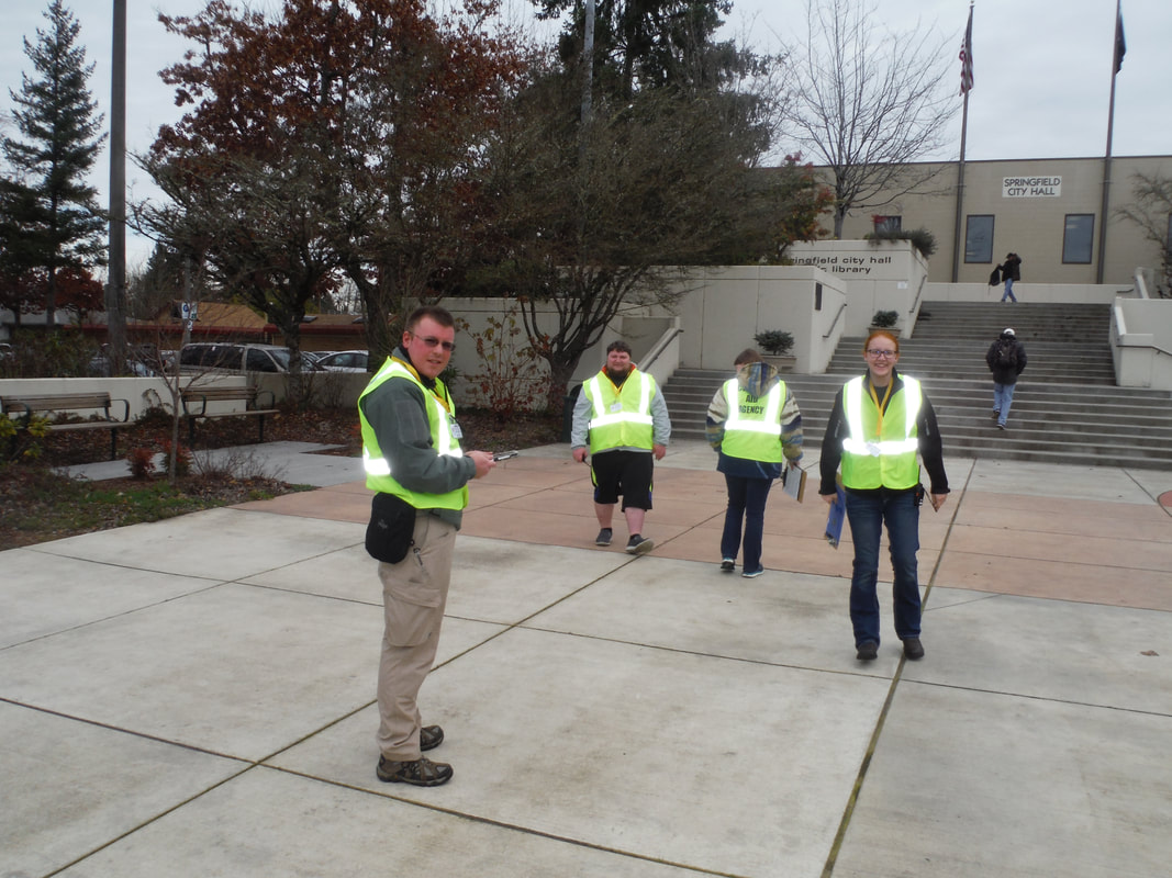 Central Aid Agency personnel participate as census takers for the 2018 Point in Time Count in Springfield Oregon.