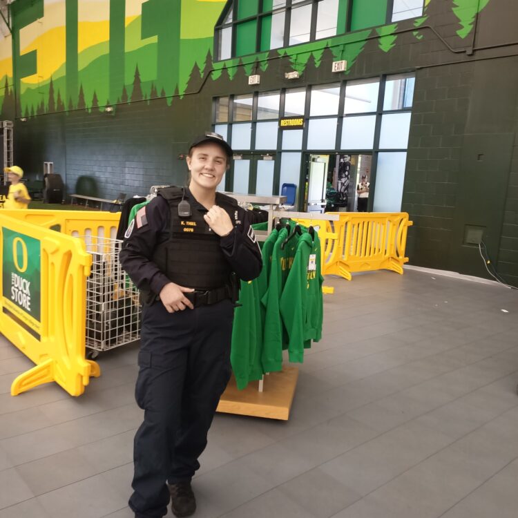 Female USO Agent on duty during a UO Home Game at Autzen Stadium.